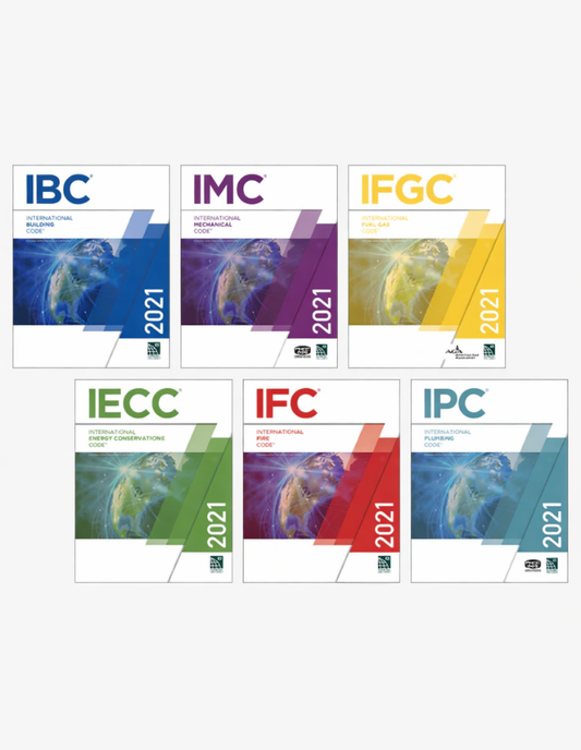 IBC 2021, IMC 2021, IFGC 2021, IECC 2021, IFC 2021, and IPC 2021 (ICC CODE SERIES), ISBN: 978-1609839550, 978-1609839611, 978-1609839598, 978-1609839628,, 978-1609839666, 978-1609839642
