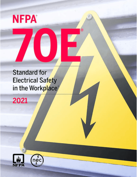 A manual cover for NFPA 70E Standard for Electrical Safety in the Workplace 2021 featuring a large yellow triangular warning sign with a black lightning bolt icon.