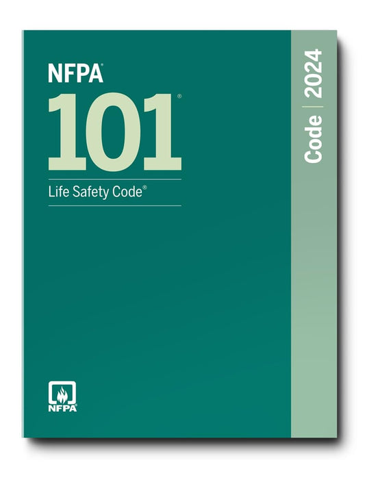 A teal-colored book cover titled NFPA 101 Life Safety Code with the year 2024 printed on the side and the NFPA logo in the bottom corner.