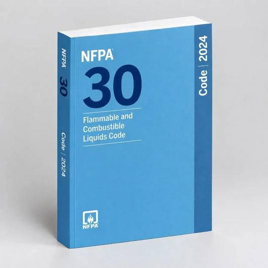 Angled view of the 2024 NFPA 30 code book showing its front cover, spine, and page block.