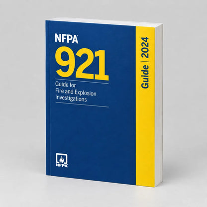Three-quarter view of the 2024 NFPA 921 guide showing its front cover and physical page block.