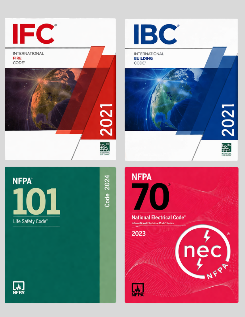 IBC 2021, IFC 2021, NFPA 70 NEC 2023 & NFPA 101 2024 (CODE SERIES), ISBN: 978-1455930562, 978-1609839598, 978-1609839550, 978-1455929368