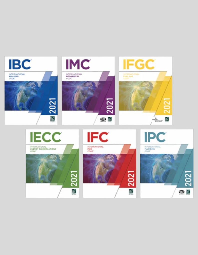 IBC 2021, IMC 2021, IFGC 2021, IECC 2021, IFC 2021, and IPC 2021 (ICC CODE SERIES), ISBN: 978-1609839550, 978-1609839611, 978-1609839598, 978-1609839628,, 978-1609839666, 978-1609839642
