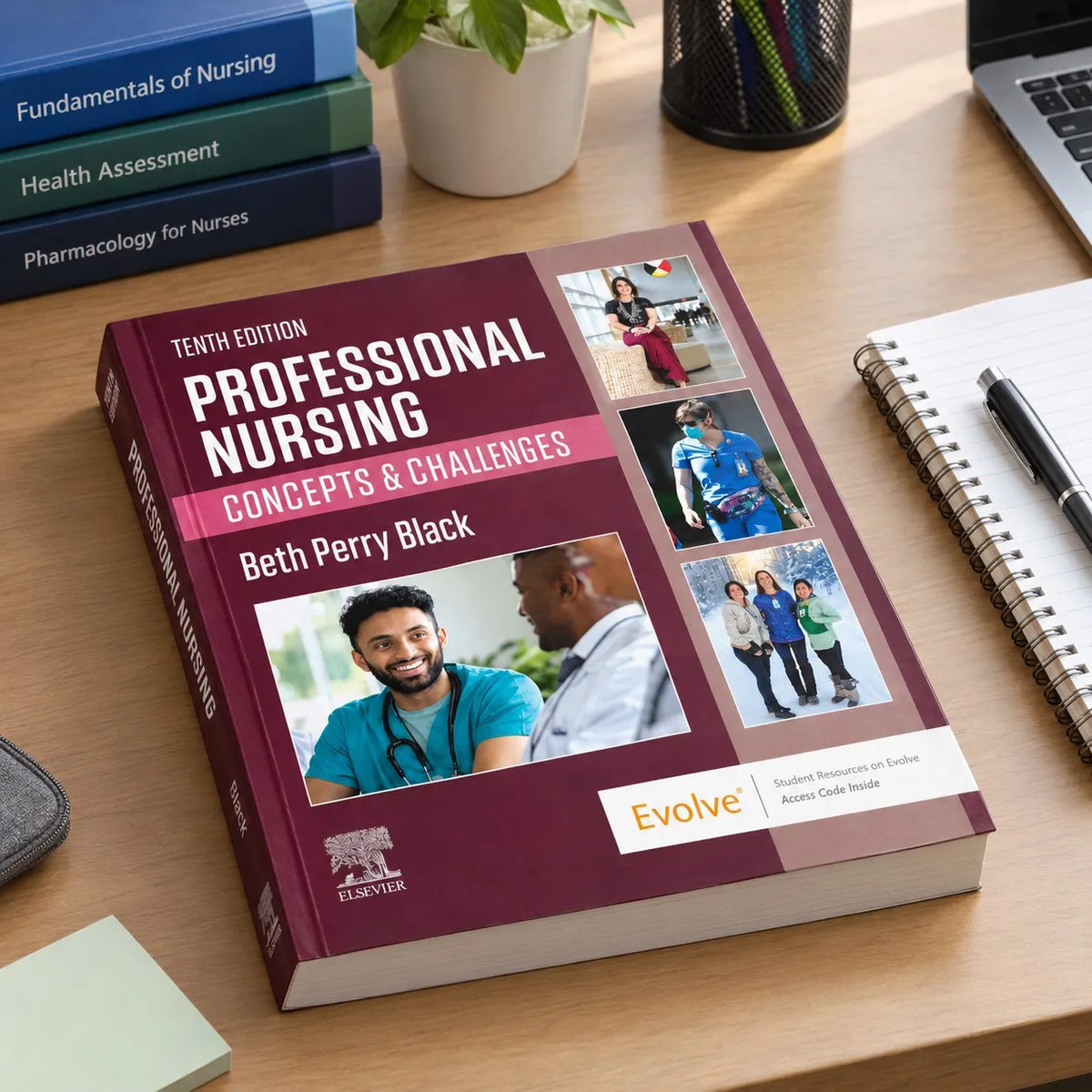 Professional Nursing 10th Edition textbook in a nursing study setting.