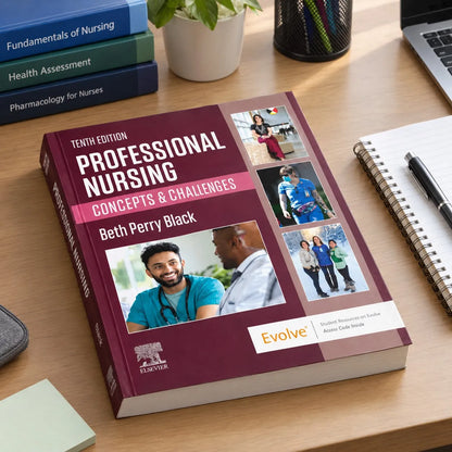 Professional Nursing 10th Edition textbook in a nursing study setting.