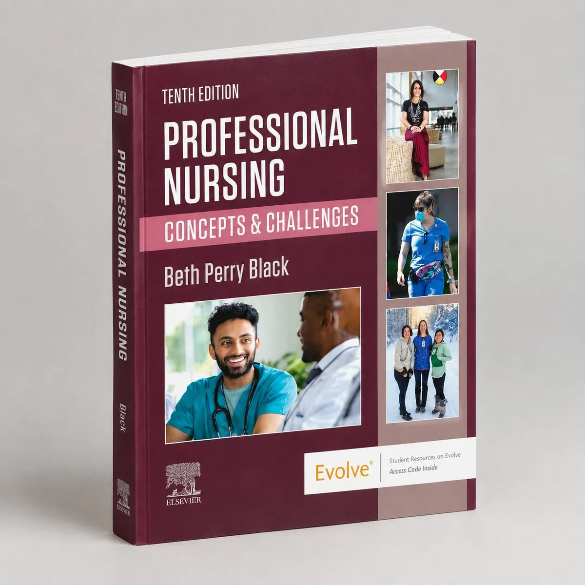 Angled view of the Professional Nursing 10th Edition softcover textbook.
