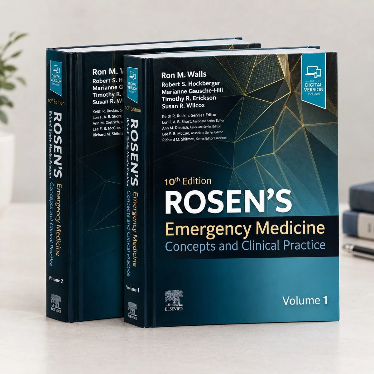 Rosen's Emergency Medicine 10th Edition two-volume hardcover medical reference set.