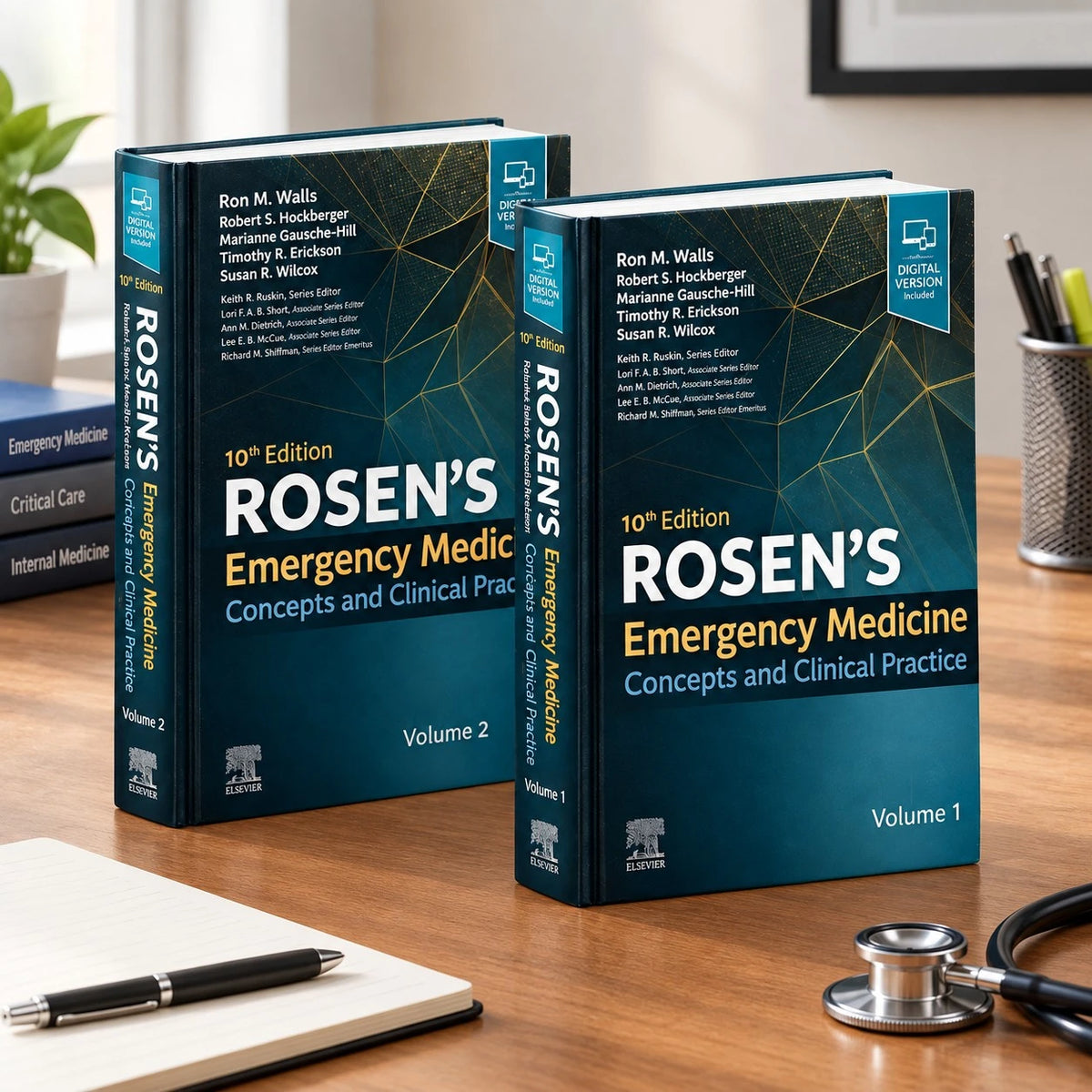 Rosen's Emergency Medicine 10th Edition two-volume set in a professional medical study setting.