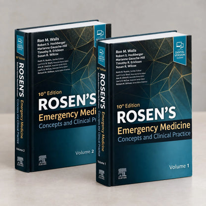 Angled view of both Rosen's Emergency Medicine 10th Edition hardcover volumes.