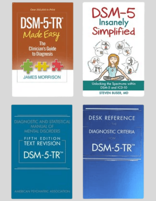 Four books displayed in a two-by-two grid, including DSM-5-TR reference guides in orange, white, dark blue, and light blue covers.