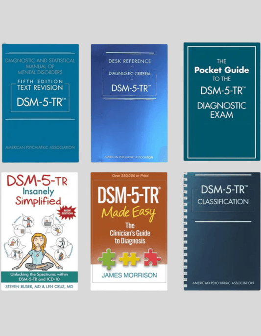A display of six different DSM-5-TR medical reference books arranged in two rows against a plain light gray background.