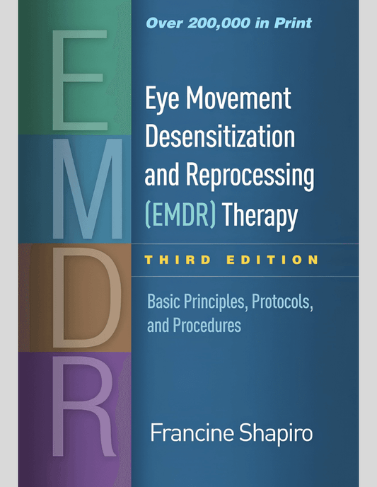 A book cover titled Eye Movement Desensitization and Reprocessing (EMDR) Therapy by Francine Shapiro features a large vertical EMDR label on the left and the subtitle Basic Principles, Protocols, and Procedures on a blue background.