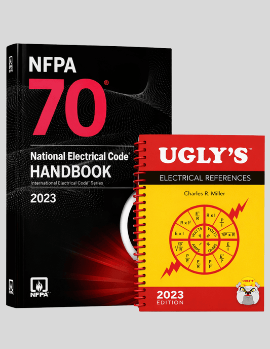 A black NFPA 70 National Electrical Code 2023 Handbook stands behind a yellow and red Ugly's Electrical References 2023 edition spiral-bound book.
