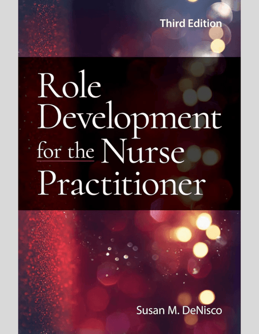 The third edition of the textbook Role Development for the Nurse Practitioner by Susan M. DeNisco features a title centered against a dark background with blurred, glowing bokeh lights in red and gold tones.